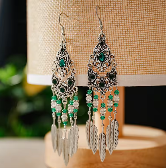 Vintage Crystal Green Rhinestone Leaf Tassel Earrings