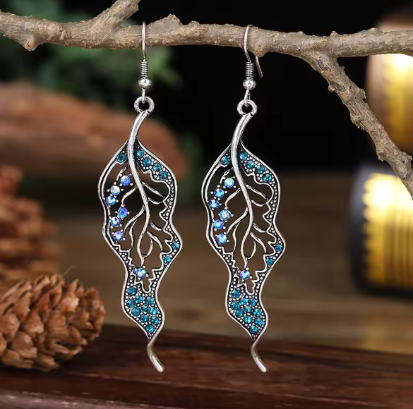 Crystal Rhinestone Leaf Long Dangle Earrings