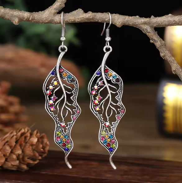 Crystal Colorful Rhinestone Leaf Dangle Earrings