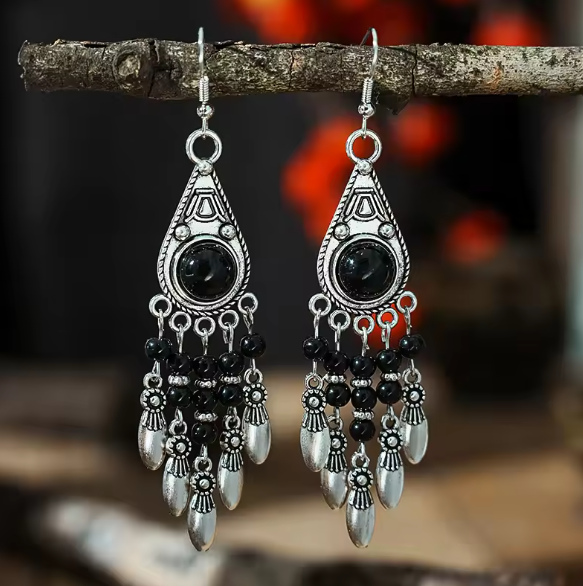 Vintage Boho Beads Dangle Silver Earrings