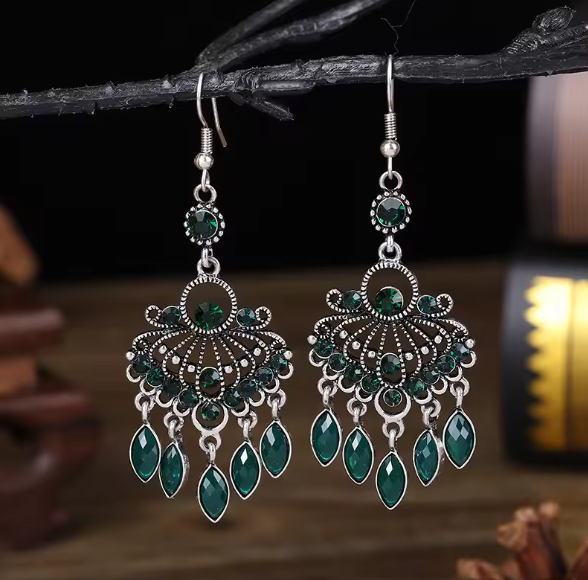 Green Crystal Dangle Bohemian Earrings