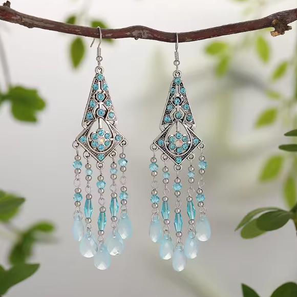 Light Blue Beads Crystal Handmade Tassel Earrings