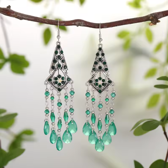 Elegant Green Beads Tassel Earrings