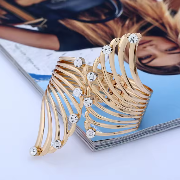 Wide Gold Feather Rhinestone Bangle Bracelet