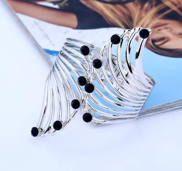 Wide Silver Feather Bangle Bracelet