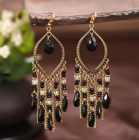 Black Beads Chain Bohemian Dangle Earrings