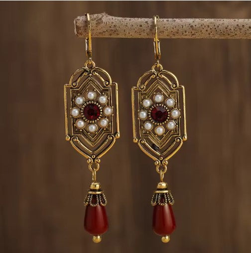 Regal Pearl Red Waterdrop Stone Earrings