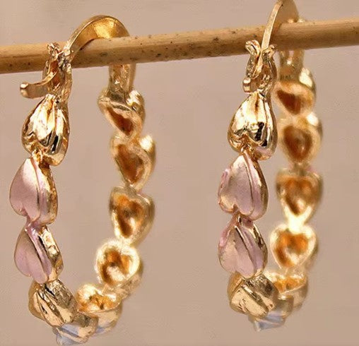 Gold Color Metal Heart Pattern Hoop Earrings