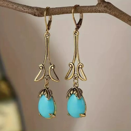 Vintage Gold Color Blue Stone Earrings