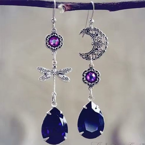 Vintage Purple Stone Long Dangle Earrings