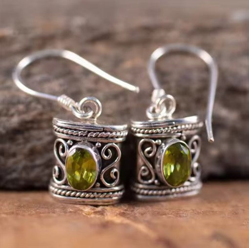 Vintage Olive Green Stone Hook Earrings