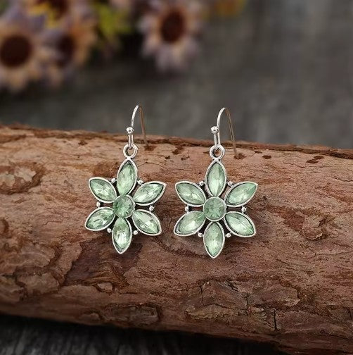 Vintage Silver Color Green Stone Dangle Earrings