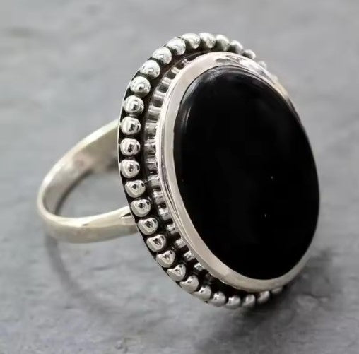 Vintage Silver Color Oval Black Stone Ring