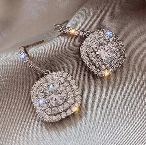 Vintage Silver Square White Stone Dangle  Earrings