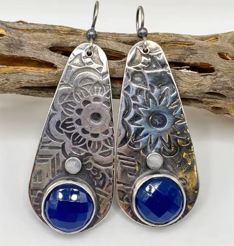 Vintage Silver Color Oval Flower Dangle Earrings