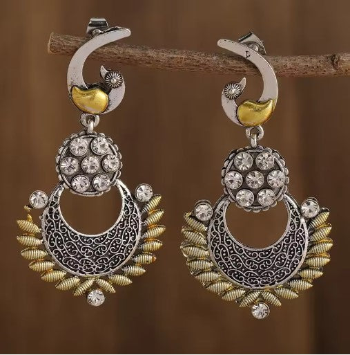 Vintage Silver Color Metal Moon Dangle Earrings