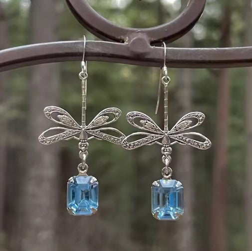 Vintage Dragonfly Blue Stone Dangle Earrings