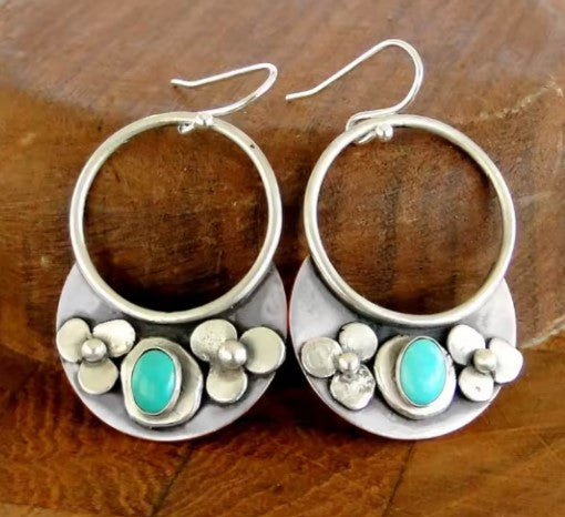 Vintage Silver Color Flower Blue Stone Earrings