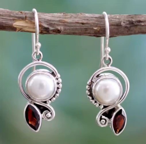 Vintage Silver Color Metal Red Stone Dangle Earrings