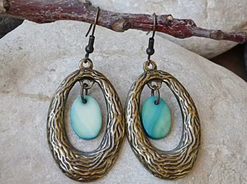 Vintage Round Hollow Elegant Blue Stone Earrings