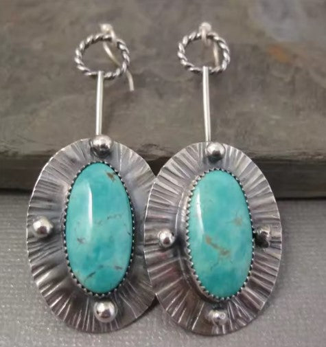 Vintage Oval Blue Stone Dangle Earrings