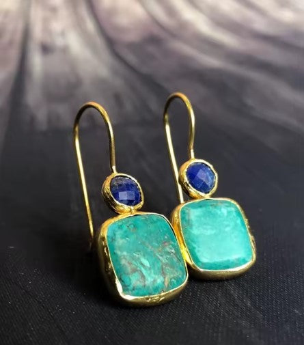 Vintage Square Inlaid with Green Stones Earrings