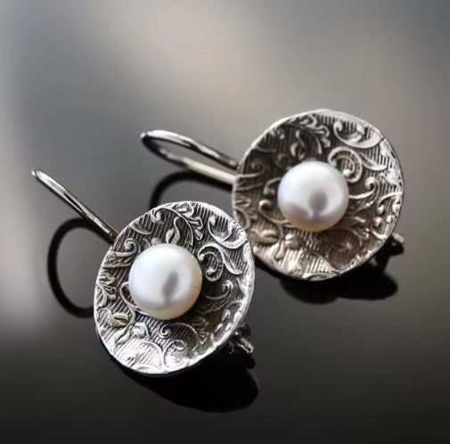 Vintage Silver Color Pearl Dangle Earrings