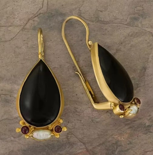 Vintage Gold  Waterdrop Black Stone Earrings