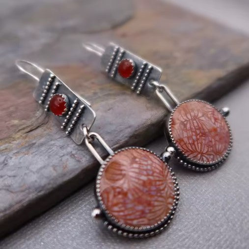 Vintage Metal Red Stone Dangle Earrings