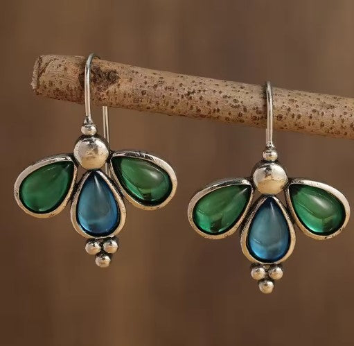 Vintage Charm Green Blue Stone Hook Earrings