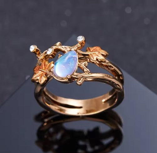 Vintage Maple Leaf with Sparkling Moonstone Ring