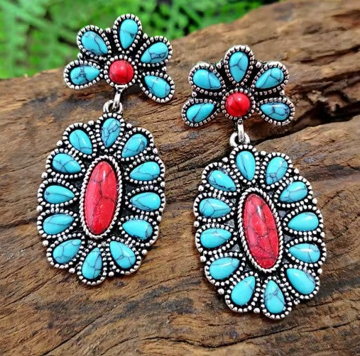 Vintage Elegant Blue Flower Hook Earrings