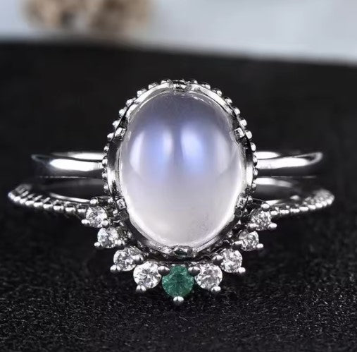 Silver Flower White Green Stone Ring
