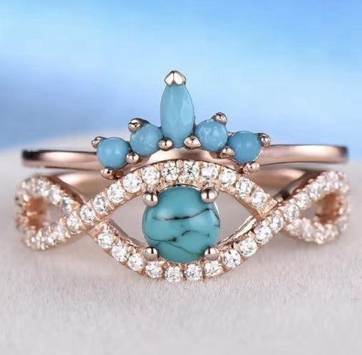 Rose Gold Blue White Stone Flower Ring