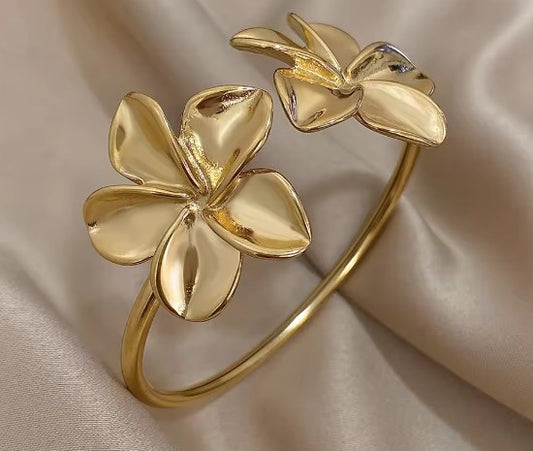 Double Flower Cuff Gold Bracelet
