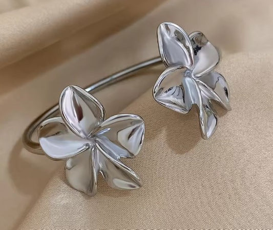 Double Flower Cuff Silver Bracelet