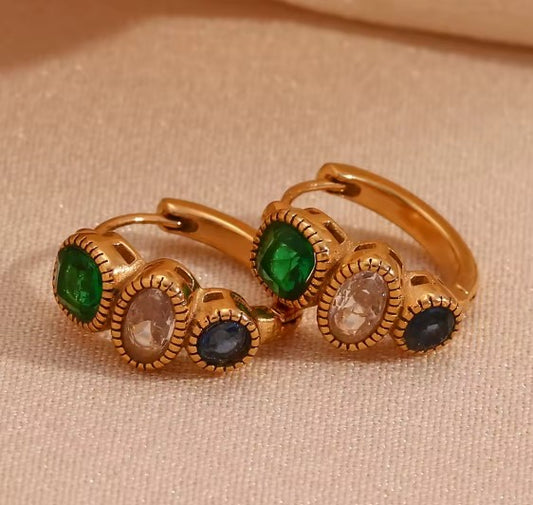 Vintage Green White Blue Zircon Hoop Earrings