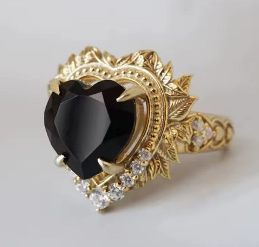 Vintage Flower Leaf Black Heart Stone Ring