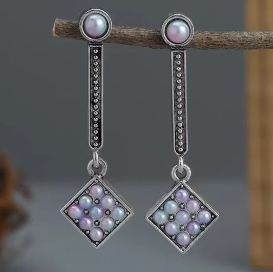 Vintage Long Square Purple Stone Silver Earrings