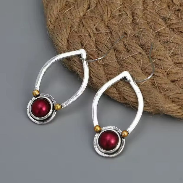 Vintage Silver Round Red Stone Earrings
