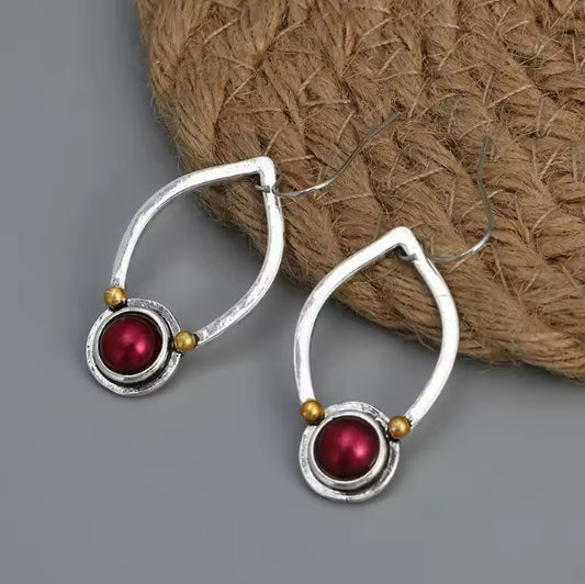 Vintage Silver Round Red Stone Earrings