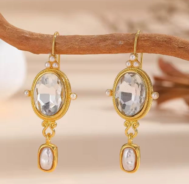 Vintage Oval Inlaid with White Stones Earrings