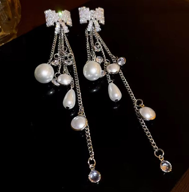 Vintage Pearl Tassel Silver Earrings