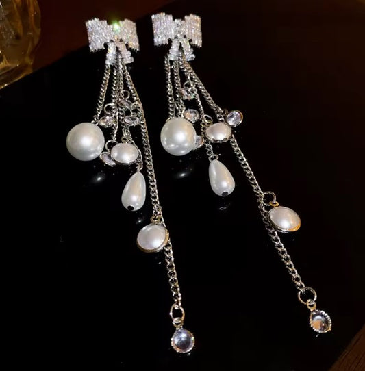 Vintage Pearl Tassel Silver Earrings