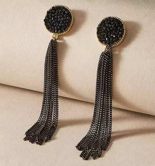 Vintage Black Long Style Inlaid Rhinestone Fringed Earrings