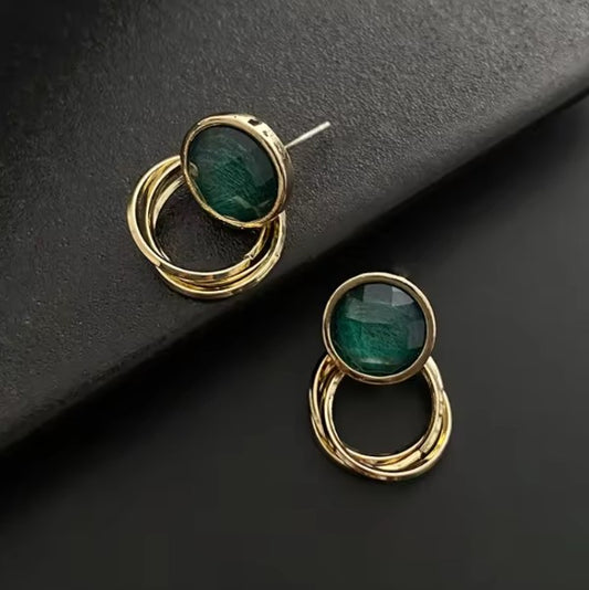 Vintage Green Stone Stud Earrings