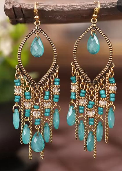 Vintage Green Water Drop Tassel Earrings