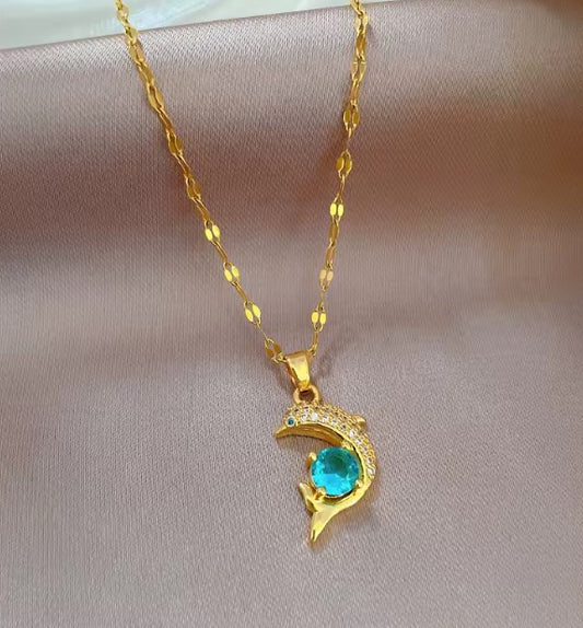 Blue Zircon Dolphin Pendant Necklace