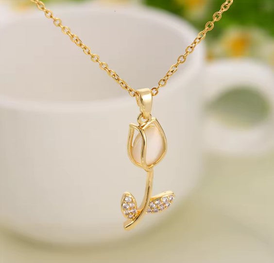 Elegant Opal Tulip Flower Pendant Necklace