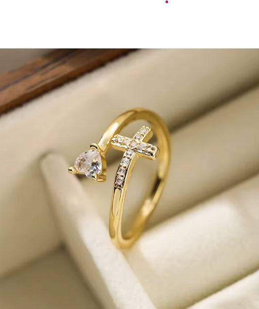 Shiny Zircon Cross Gold Ring
